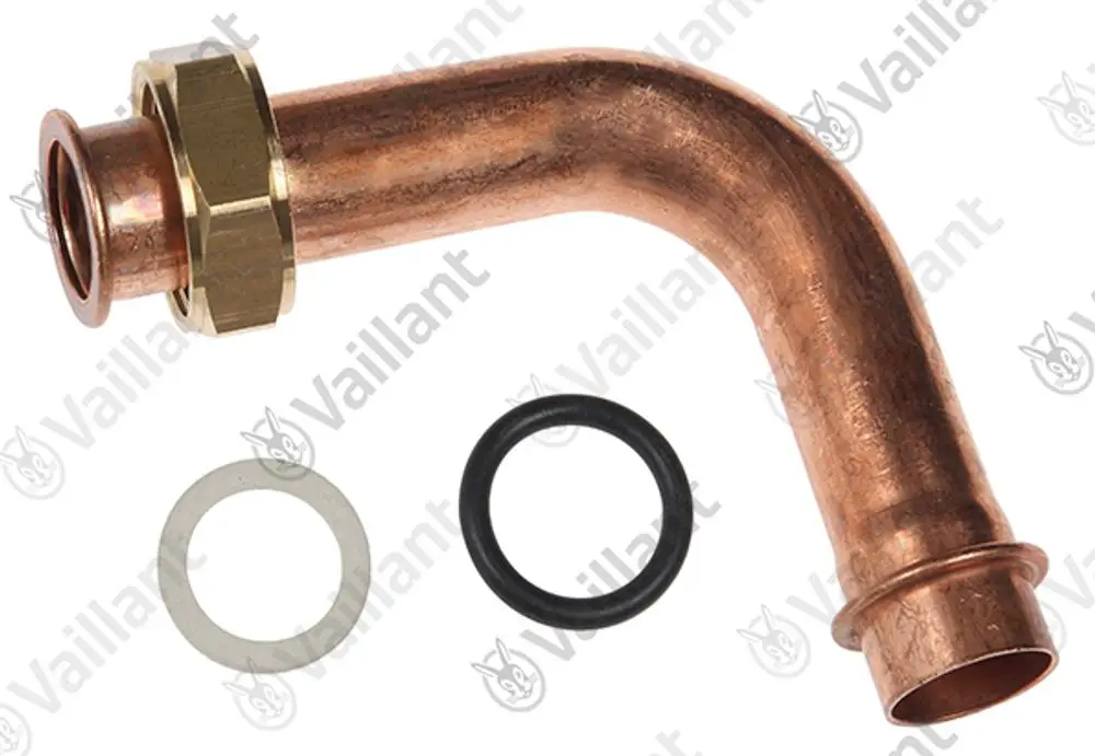 Kupferrohr mit Abzweigung, verbunden mit einer Mutter und Dichtungen. Geeignet für Anwendungen in Heizsystemen von Vaillant.